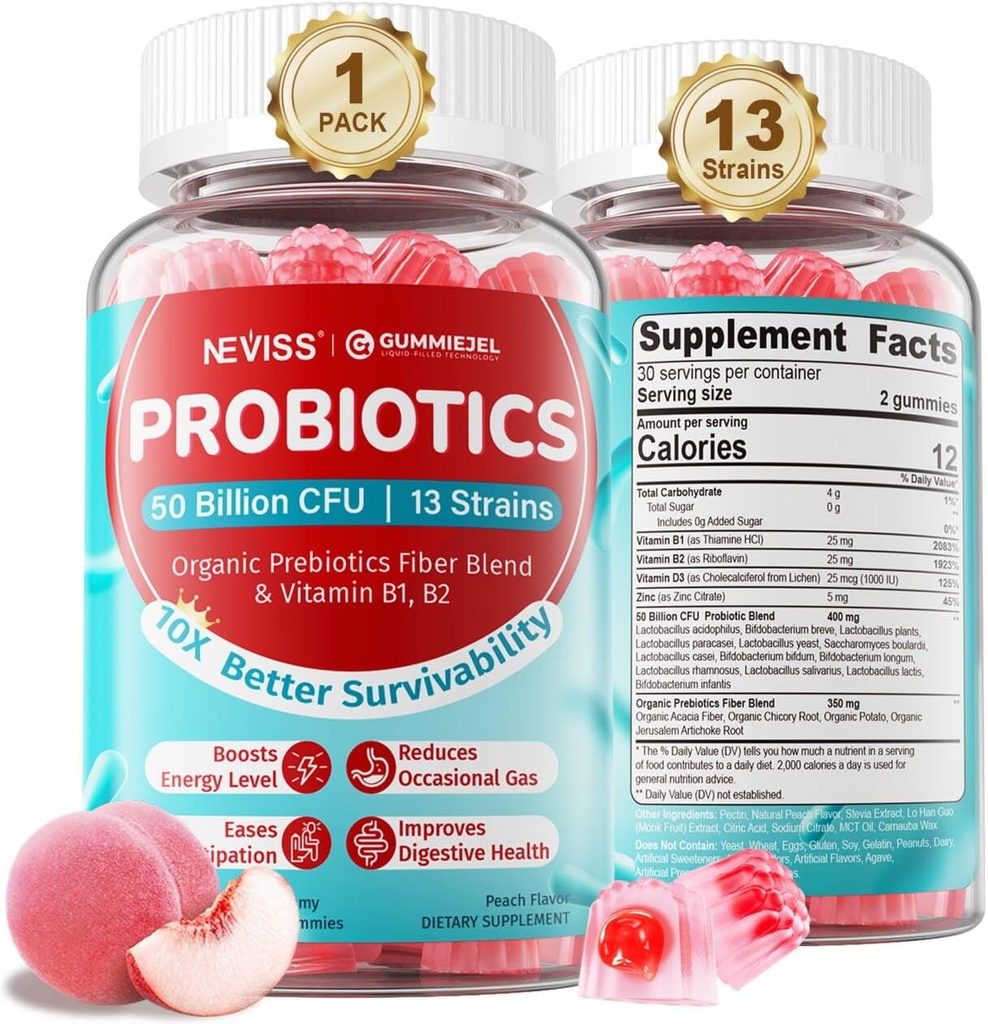 NEVISS Probiyotik + Yetişkinler ve Çocuklar için prebiyotik Gummies, Sugar Free Chewable 50 Milyar CFUs w/Fiber, B1 B2 D3 & Çinko, Digestive & Gut Health için, 60 Cts