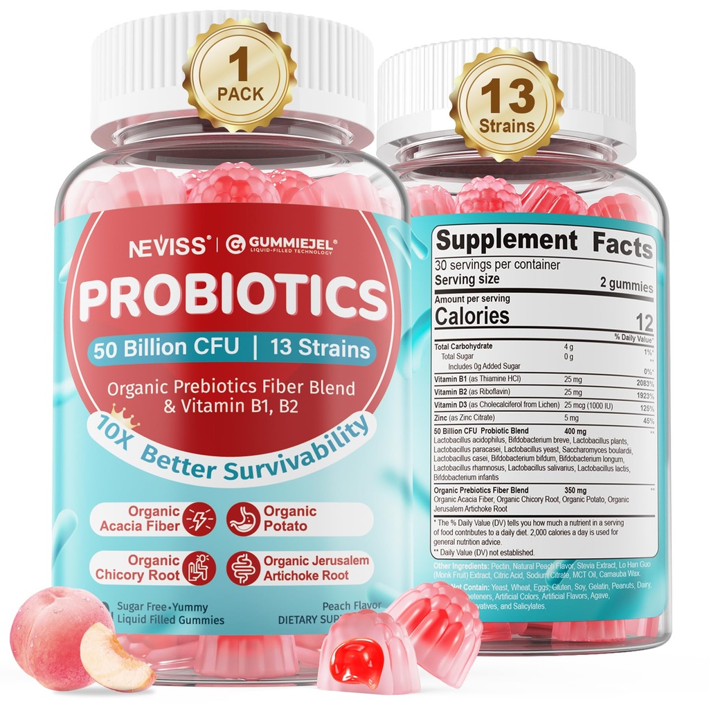 NEVISS Probiyotik + Yetişkinler ve Çocuklar için prebiyotik Gummies, Sugar Free Chewable 50 Milyar CFUs w/Fiber, B1 B2 D3 & Çinko, Digestive & Gut Health için, 60 Cts