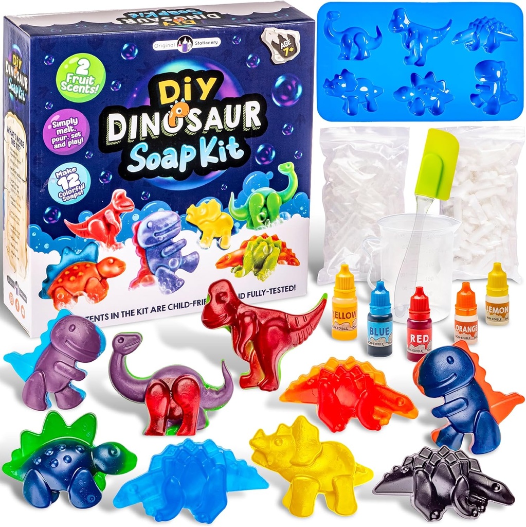 Orijinal Stationery Dinozorlar Çocuklar için Kit yapmak, DIY Soap Kit with Dino Shaped Trays, Soap Base, Ink Colors and Scents, Fun Education Science Kits for Boys and Girls, Creative Kids Toys
