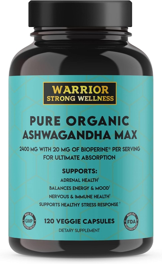Pure Organic Ashwagandha Capsules with Bioperine - 2400 mg - 120 Capsules - Sağlıklı Stres Cevap ve Mood Boost, Immune Health, Better Sleep