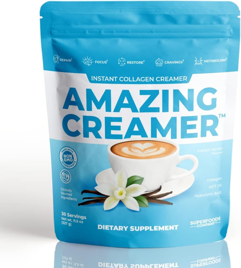 Superfoods Company Amazing Creamer with Collagen - Keto Creamer-Hyaluronic Acid & MCT Oil - Beyin Boost & Curbs Cravings - Sağlıklı Skin & Hair - Diyet-Friendly [30 Hizmetler] [Vanilla]