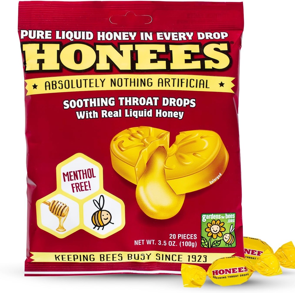 Honees Honey Filled Drops, Honey Cough Drops with Real Honey-Dore Throat Relief- Nothing Yapay-Throat Coat Lozenges, Natural Cough Suppressant, Non-GMO, Gluten Free (1 Pack – 20 damla)