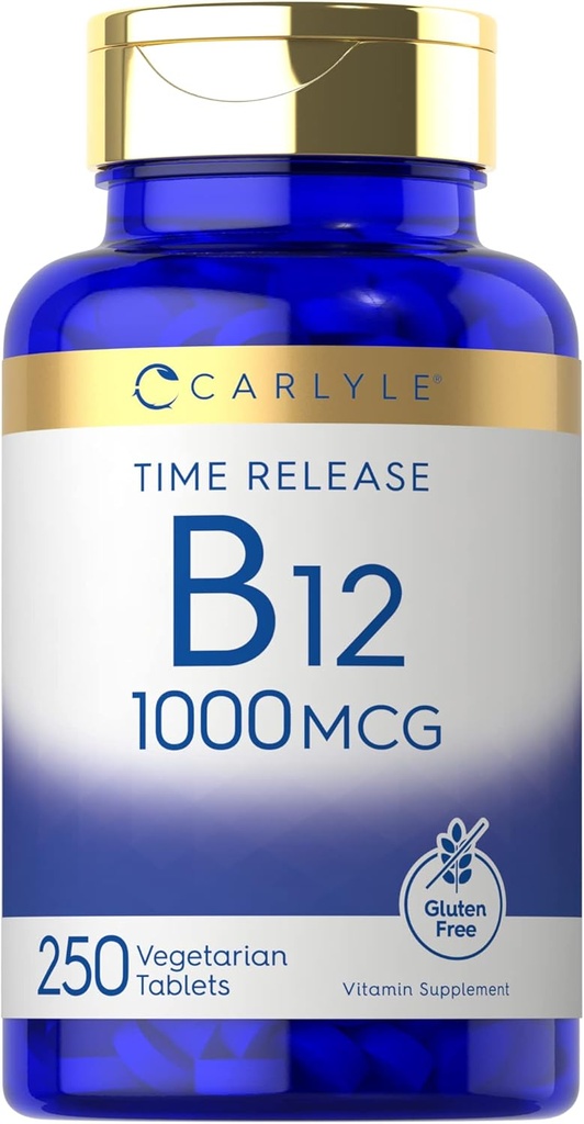 Carlyle B12 Vitamin 1000 mcg | 250 Sayı | Zaman Yayın Tabletleri | Cyanocobalamin | Vegetarian, Non-GMO & Gluten Free Supplement Supplement