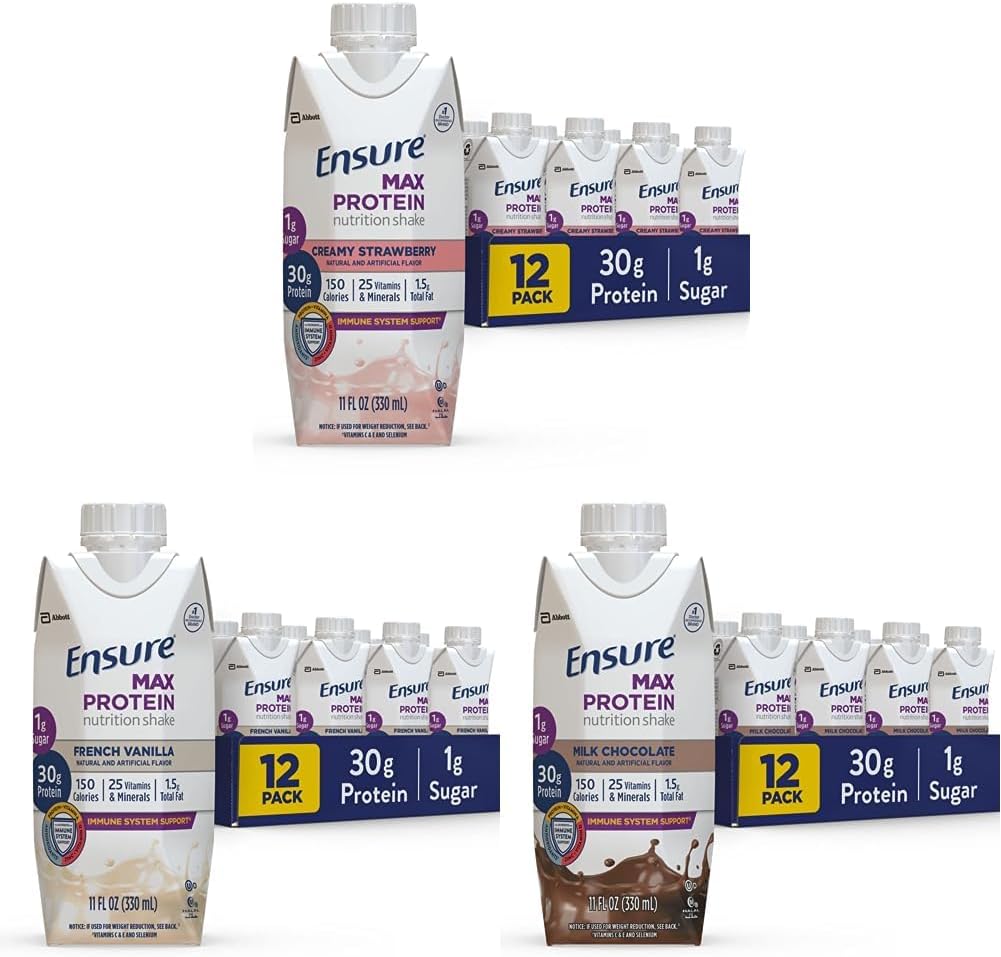Ensure Max Protein Nutrition Shake, 11 fl oz, 12 Count & Max Protein Nutrition Shake, 11 fl oz (Pack of 12) & Max Protein Nutrition Shake with 30g of Protein, 1g of Sugar, 11 Fl Oz (Pack of 12)