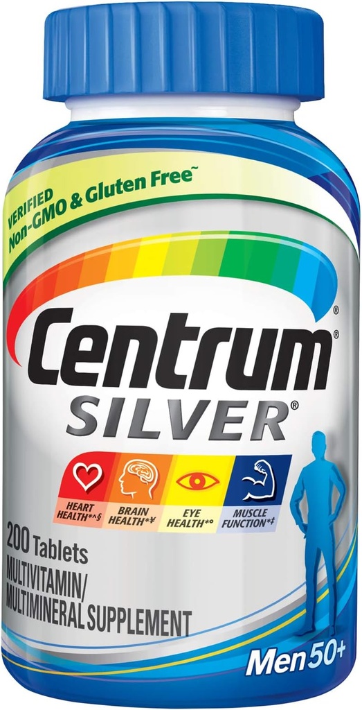 Centrum Silver Multivitamin for Men 50 Plus, Multimineral Supplement, Vitamin D3, B-Vitamins and çinko, Gluten Free, Non-GMO Malzemeler, Supports Memory and Cognition in Yaşlı Yetişkinler - 200 Ct
