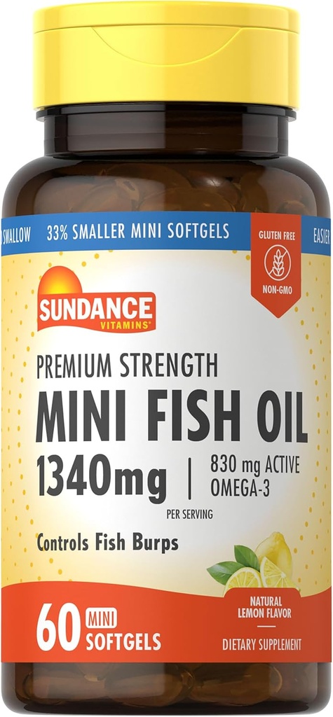 Sundance Mini Fish Oil Softgels 1340 mg | 60 Kont | Controls Fish Burps | Premium Strength Formula with Omega-3 | Natural Lemon Flavor | Non-GMO ve Gluten Free Supplement Supplement
