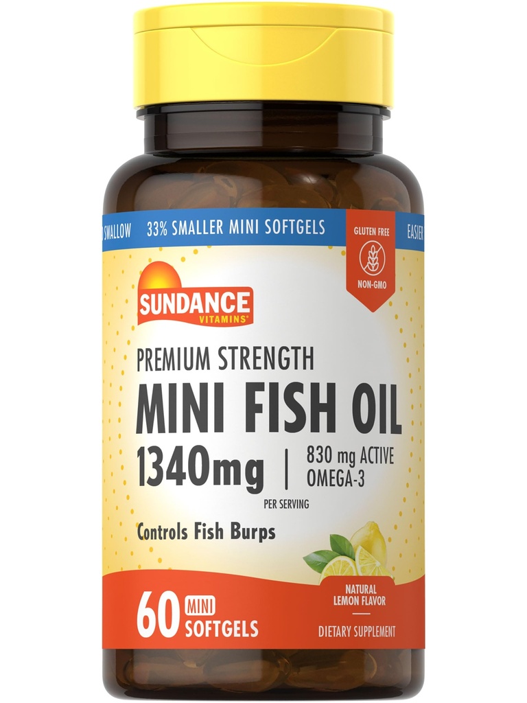 Sundance Mini Fish Oil Softgels 1340 mg | 60 Kont | Controls Fish Burps | Premium Strength Formula with Omega-3 | Natural Lemon Flavor | Non-GMO ve Gluten Free Supplement Supplement
