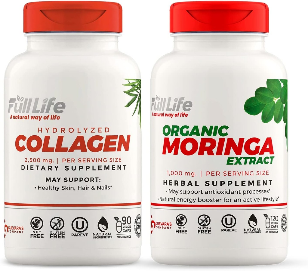 Full Life Hydrolyzed Collagen ve Moringa Oleifera Capsules - Diyet Supplements - Bovine Collagen Pills for Women and Men, Gluten-Free - Veggie Capsules