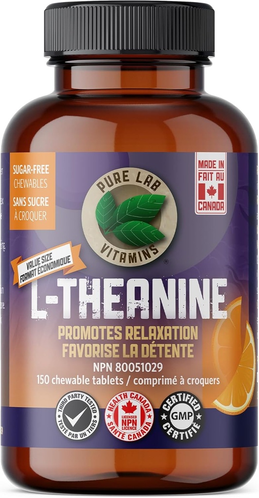 Pure Lab Vitaminleri - L-Theanine 125 mg, 150 Chewable Tabletler - L-Theanine Supplement to Promosyonlama, Sleep Support, Mood Support, Brain Memory and Focus Supplement - İyiler Uyku Kalitesi