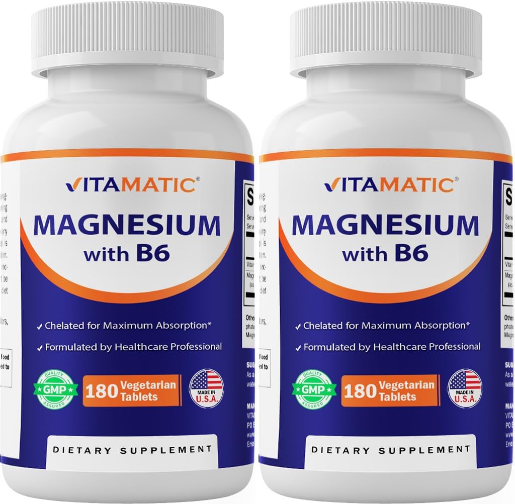 B6-180 Vejetaryen Tabletleri ile Vitamatic Magnezyum (Uncoated) - Maksimum Absorpsiyon için B6 eklendi - Supports Muscle, Joint, and Heart Health - 2 Pack