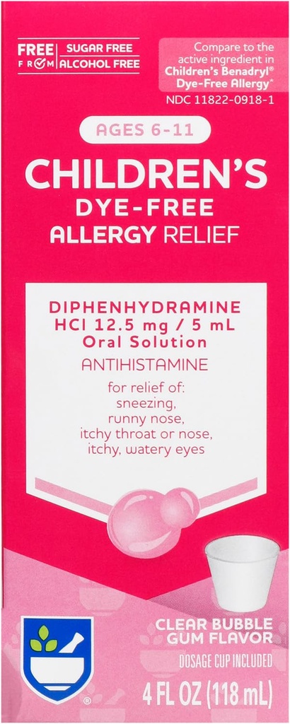 Rite Aid Children's Antivirüs Relief, Bubble Diphenhydramine HCI, Bubble Gum Flavor, 12.5 mg - 4 oz | Antihistamin | Çocuk Antis Alerji ilacı | Alerji Pilleri | Çocuk Alerjisi