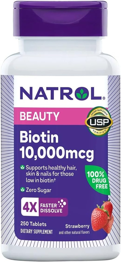 Natrol Biotin 10000 mcg, Strawberry Flavor, Fast Dissolve Tablets, Extra Strength, 250 Count