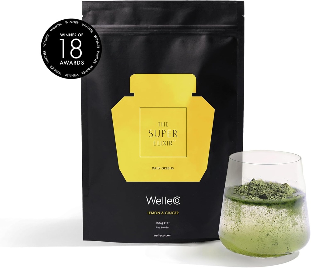 WelleCo The Super Elixir Daily Greens Toz, Probiyotik İçecek Mix with Whole Foods, Gluten Free, Vegan Gut Health Toz, Enerji, Immunity, sağlıklı Skin, Hair & Nails (300g, Lemon Ginger)