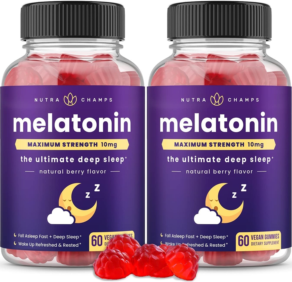 NutraChamps (Συσκευασία 2 Gummies μελατονίνης για ενήλικες, επιπλέον ενίσχυση Βιταμίνες Sleep Aid, 5mg ή 10mg Δόση, Vegan Φυσικό συμπλήρωμα γεύσης φράουλας για καλύτερο ύπνο, 120 Gummies