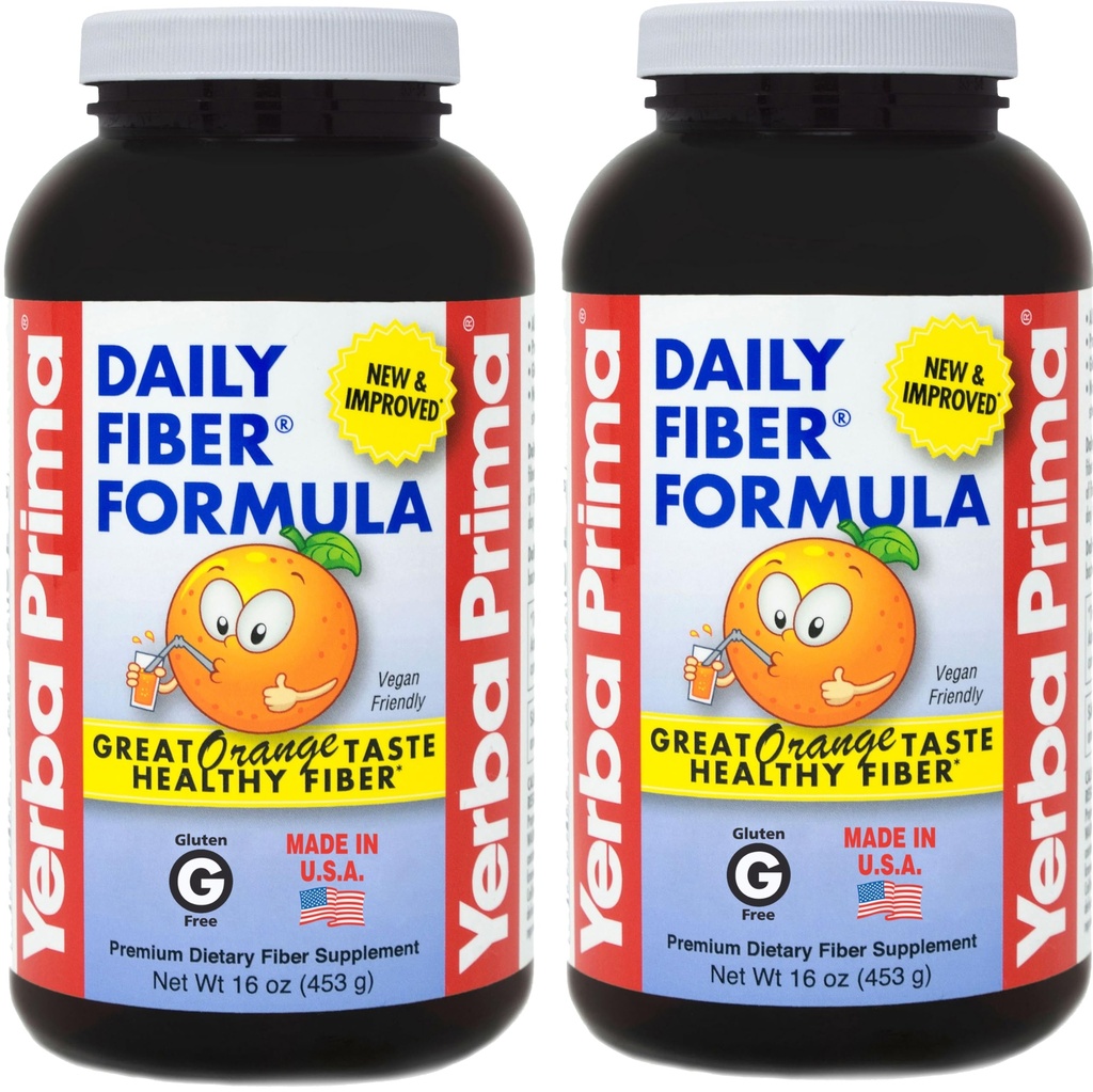 Yerba Prima Daily Fiber Formula 16 oz (Pack of 2) - Premium Diyeter Fiber Supplement, Non-GMO, Gluten Free, Made in the USA, Orange Flavor