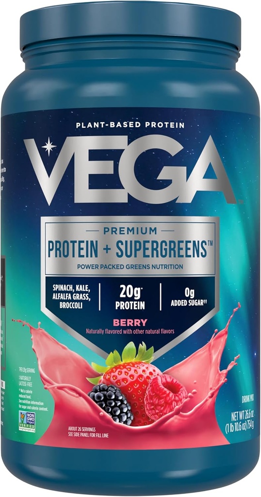 Vega Protein + Supergreens - 20g Plant-Based Protein, Berry, 26 Hizmet, Real Greens & Veggies, Vegan Keto, 0g Eklenmiş Şeker, Non-GMO, Gluten Free, Dairy Free, 1.7lbs (Pazarlama May Vary)