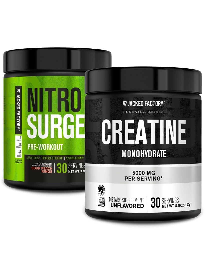 Jacked Factory NITROSURGE Preworkout Supplement - Άμεση Δύναμη Κερδίζει & Έντονες Αντλίες (30 Servings, Sour Peach Rings) & Creatine Monohydrate for Muscle Growth (30 Services, Unflaved)