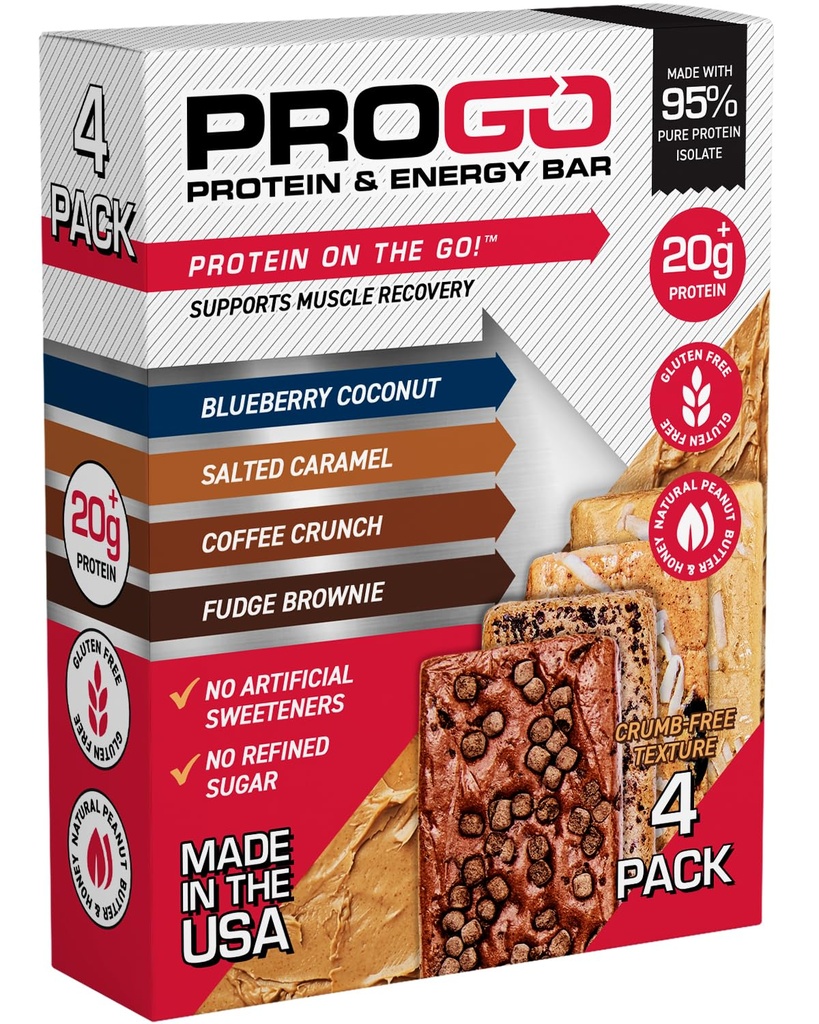 ProGo Protein Bars, χαμηλή ζάχαρη, υψηλής πρωτεΐνης σνακ (μέχρι 21g) - 95% Αμιγής απομόνωση για ταχύτερη ανάπτυξη μυών & ανάκτηση, χαμηλή θερμίδα, ζαχαρούχο w/Peanut Butter & Raw Honey (4-Count, Starter Pack)