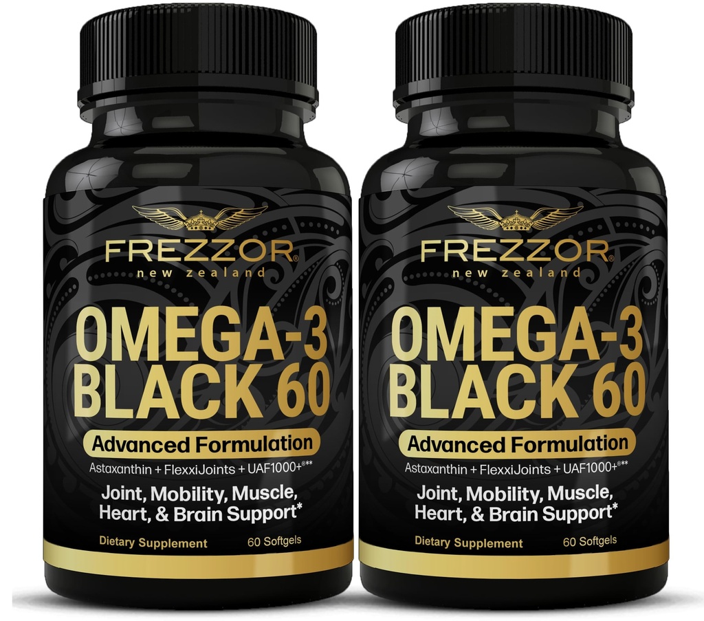 FREZZOR Omega 3 Black for Joint Care & Comfort - Yeni Zelanda Yeşil Lipped Mussel Oil Capsules; UAF1000+ Super Antioksi, No Fishy Aftertaste, 60 Count (Pack of 2)