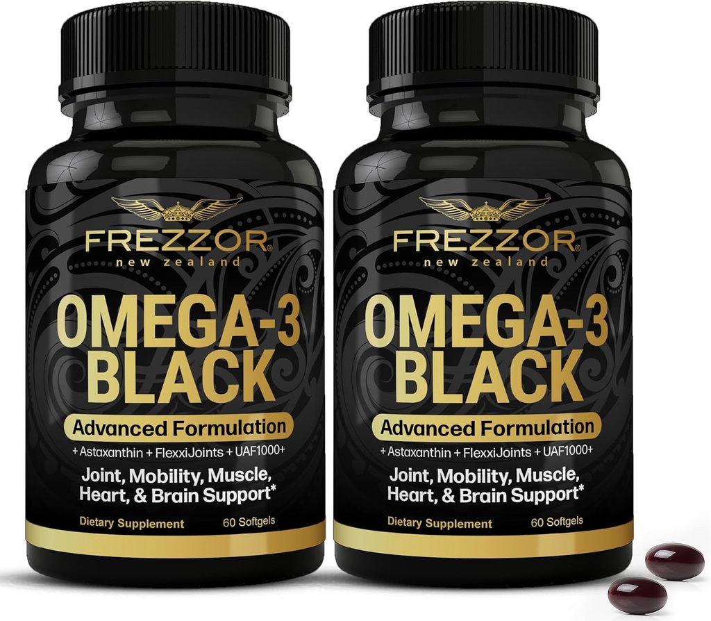 FREZZOR Omega 3 Black for Joint Care & Comfort - Yeni Zelanda Yeşil Lipped Mussel Oil Capsules; UAF1000+ Super Antioksi, No Fishy Aftertaste, 60 Count (Pack of 2)