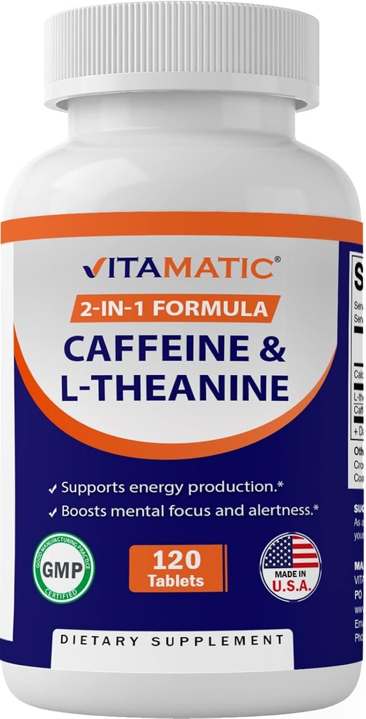 Vitamatic L- Theanine 200mg με καφεΐνη 100mg – 120 χορτοφαγικά δισκία Nootropic Supplement for Focused Energy & Mental Clarity
