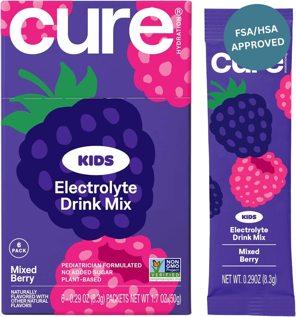 Cure Hydration - Kids Electrolyte Drink Mix | Plant-Based Pediatrik Formulated Rehidr | No included Sugar, FSA-HSA, Non-GMO, Gluten-Free, No Yapay Flavors | Box of 6 Packets - Karma Berry