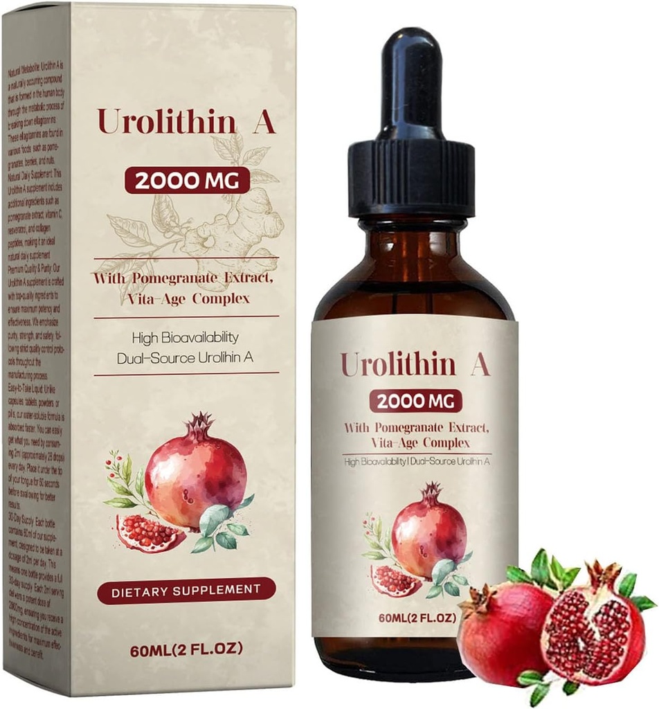 Urolithin A 2000MG Liquid Drops with Pomegranate Ekstraet, Vita-Age Kompleksi Yüksek Bioavailability Dual-Kaynak Urolit A 60ML(2 Fl Oz,2024Yeni)