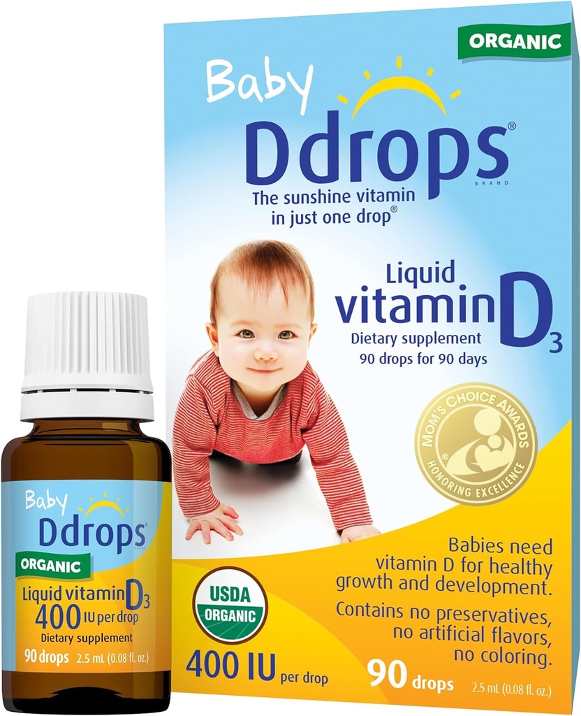 Ddrops Organic Baby 400 IU 90 Drops - Daily Vitamin D Liquid for Infants. Supports Teeth & Bone Health. No Preservatives, No Sugar, Non-GMO, Allergy-Friendly - Pack of 2