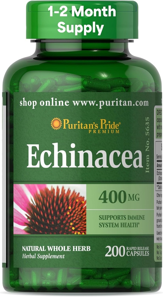 Puritan's Pride Premium Echinacea Natural Whole Herb Herbal Supplement 400 mg, Diyetsel Supplement for Health, Immune System Support, 200 Hızlı Yayın Kapsülleri