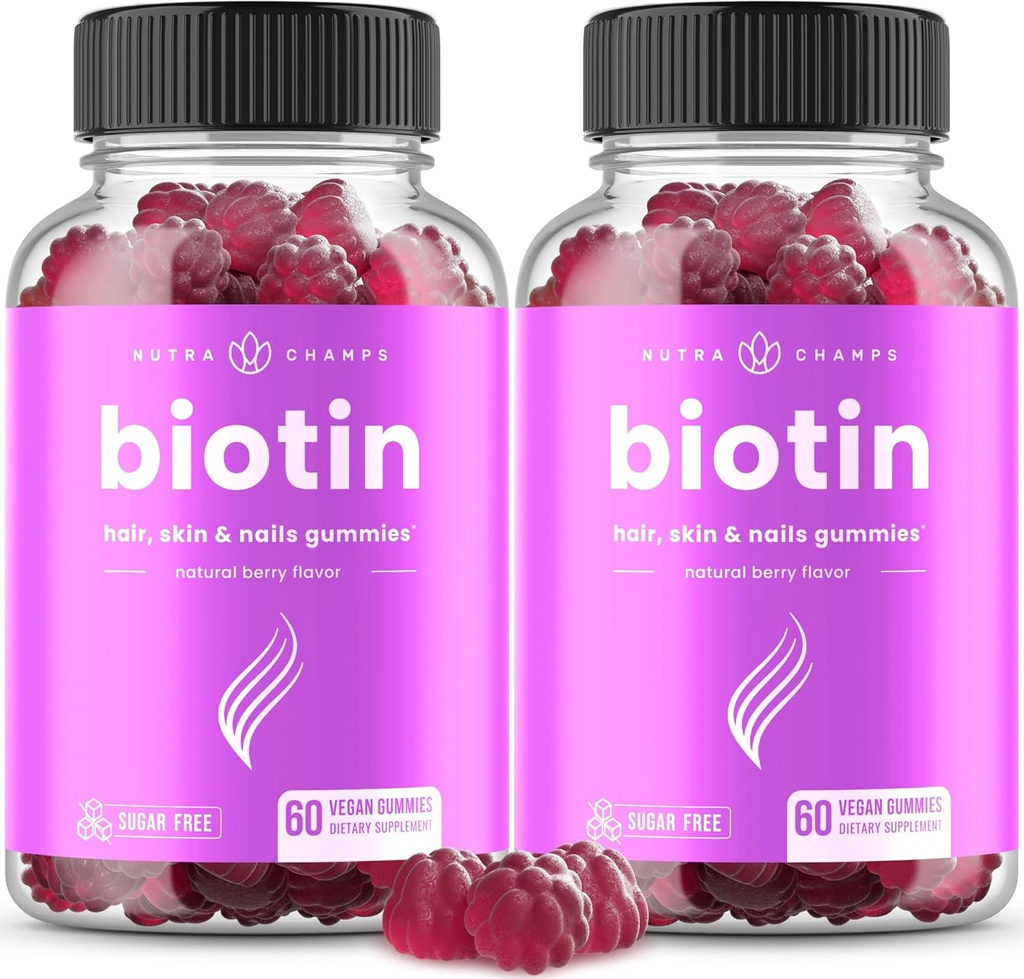 NutraChamps Sugar Free Biotin Gummies 1000006 [High Potency] - Sağlıklı Saçlar, Kadınlar için Skin & Nails - Her Gummy - Vegan Saç Sağlık Vitaminleri Tamam - Raspberry (2-Pack)