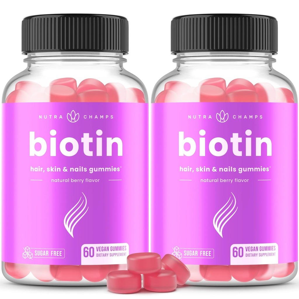 NutraChamps Sugar Free Biotin Gummies 1000006 [High Potency] - Sağlıklı Saçlar, Kadınlar için Skin & Nails - Her Gummy - Vegan Saç Sağlık Vitaminleri Tamam - Raspberry (2-Pack)