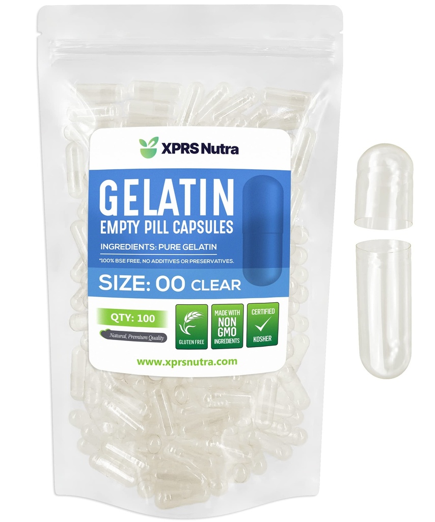 XPRS Nutra Size 00 Empty Capsules - 100 Count Clear Empty Gelatin Capsules - Pills DIY Capsule Filling - Fillable Pill Gel Caps for Do-It-Yourself Supplements