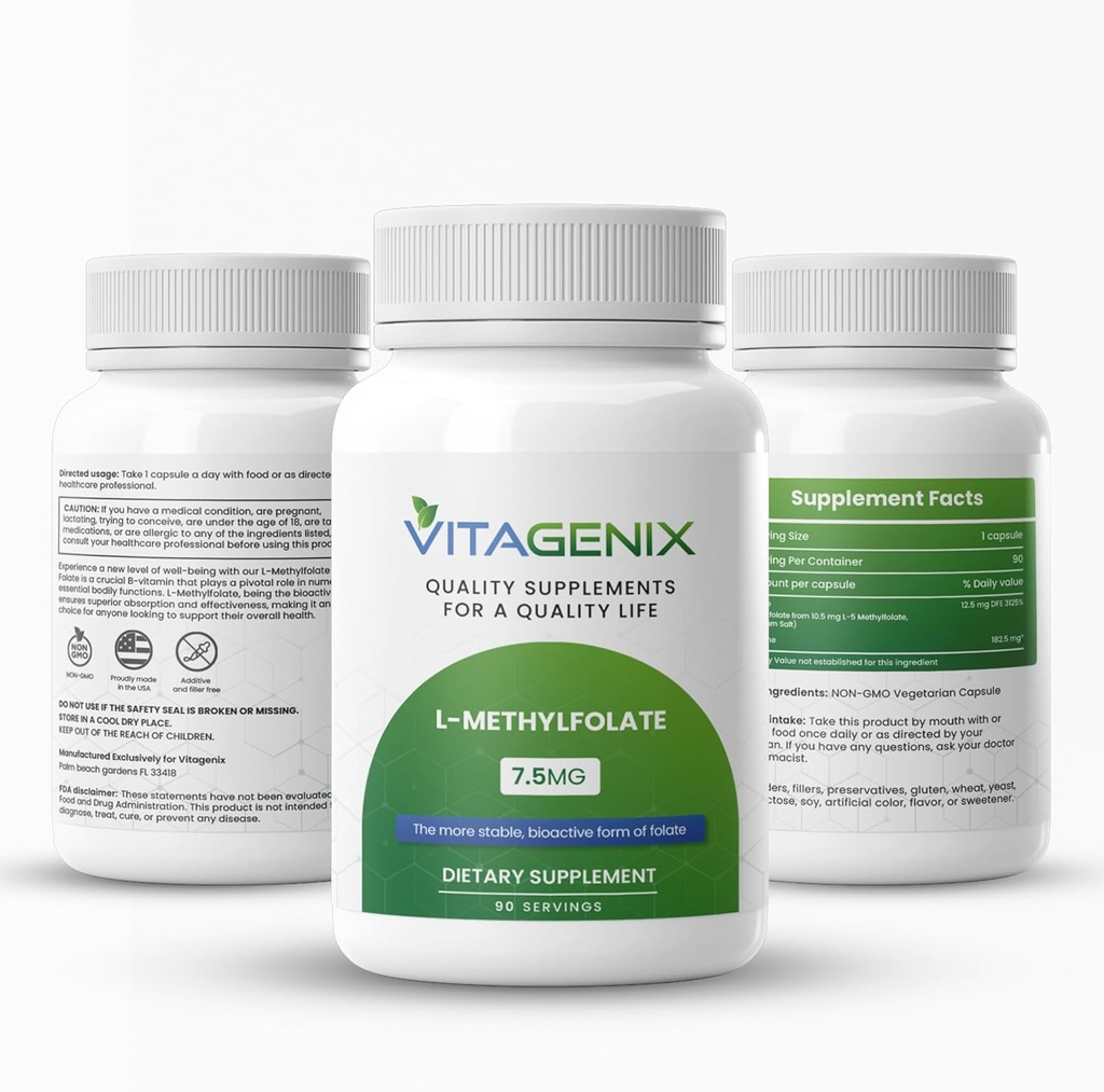 L-Methylfolate - Optimized & Highly Bioactive Methyl Folate Supplement for Mood & Immune Support - Professional Strength Active 5-MTHF Form - 1mg - Capsules (7.5 Mg)