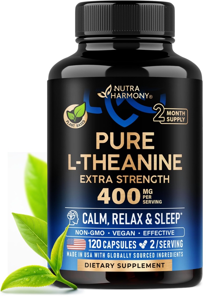 L Theanine 400 mg | L-Theanine Stres Yardım | Ekstra Güçlü Tamam | ABD'de Yapılacak | Rahatlama, Uyku ve Calm Desteği | Erkekler ve Kadınlar | Bitki bazlı, Non-GMO & Gluten-Free | 120 Vegan Capsules