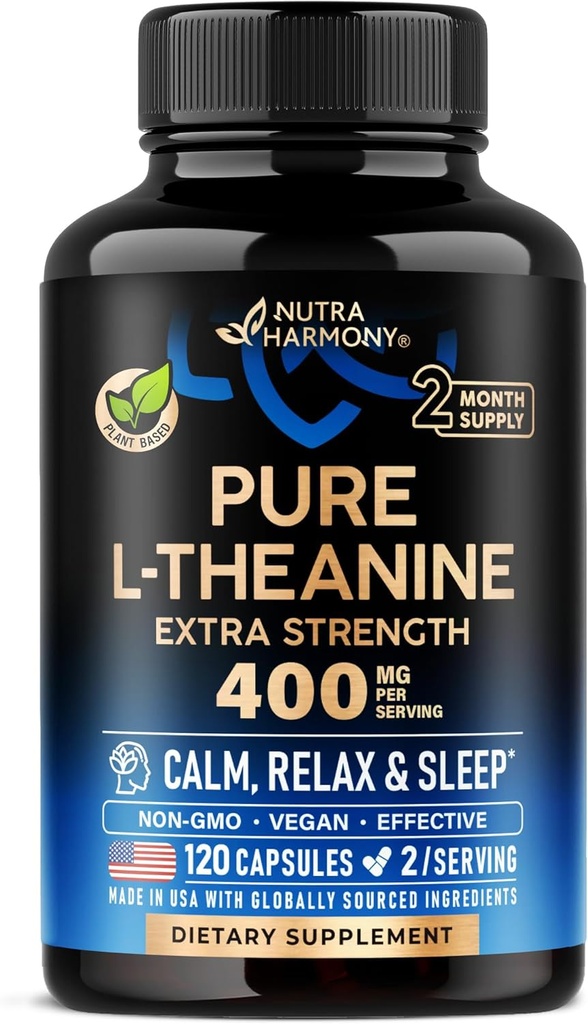 L Theanine 400 mg | L-Theanine Stres Yardım | Ekstra Güçlü Tamam | ABD'de Yapılacak | Rahatlama, Uyku ve Calm Desteği | Erkekler ve Kadınlar | Bitki bazlı, Non-GMO & Gluten-Free | 120 Vegan Capsules