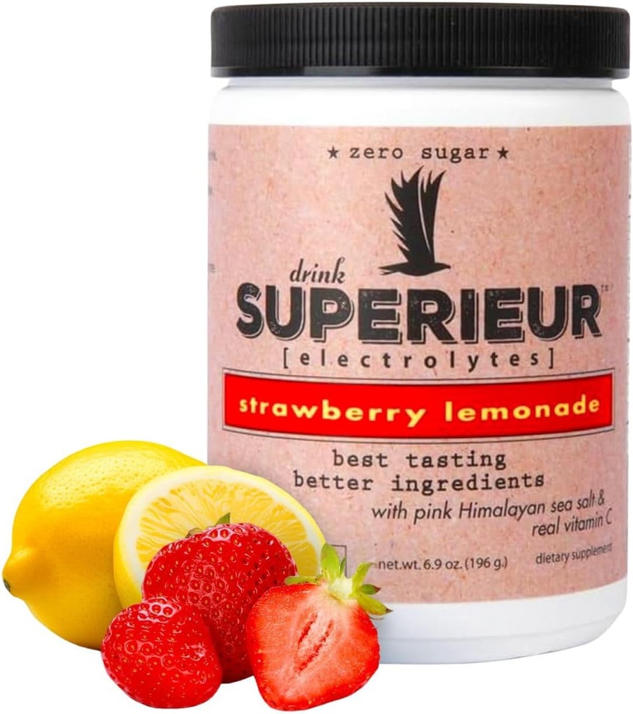 Superieur Electrolytes-Plant Based Electrolyte Supplement w/Sea Minerals for Hydration & Recovery-Keto Friendly, Non-GMO, Zero Sugar, Vegan Healthlytes-Strawberry Lemon (70 Serv)