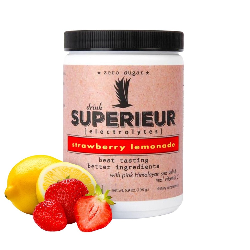 Superieur Electrolytes-Plant Based Electrolyte Supplement w/Sea Minerals for Hydration & Recovery-Keto Friendly, Non-GMO, Zero Sugar, Vegan Healthlytes-Strawberry Lemon (70 Serv)