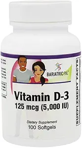 BariatricPal Βιταμίνη D-3 125mcg (5000 IU) - Easy Swallow Χορτοφαγικά Softgels (100ct φιάλη)