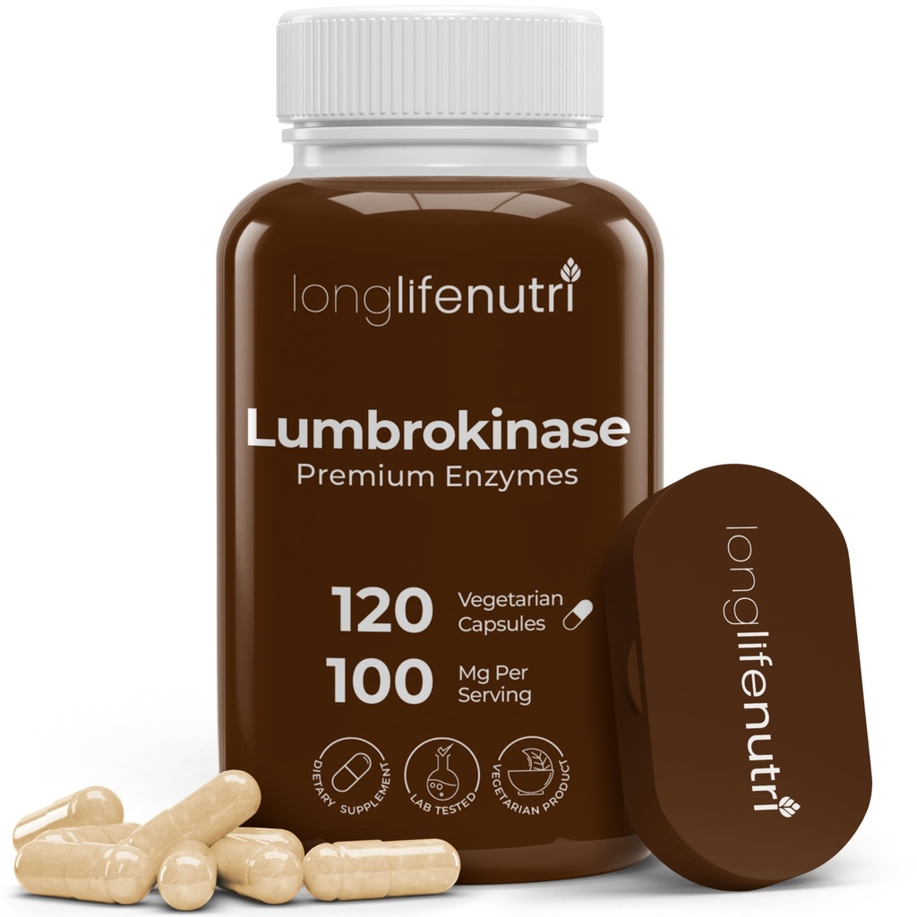 LongLifeNutri Lumbrokinase 100mg - En Fazla Aktivite 2.000.000 Birimler, 120 Vegetarian Capsules, 2-Month Supply, Natural Enzyme Supplement for Circulatory Health, Lab Tested, Made in USA
