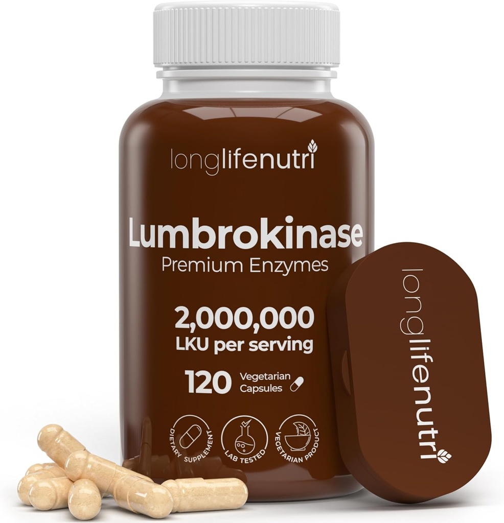 LongLifeNutri Lumbrokinase 100mg - En Fazla Aktivite 2.000.000 Birimler, 120 Vegetarian Capsules, 2-Month Supply, Natural Enzyme Supplement for Circulatory Health, Lab Tested, Made in USA