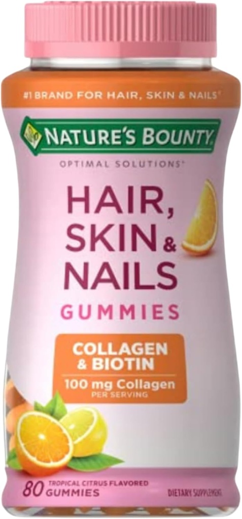 Nature's Bounty Optimal Solutions Saç, Skin & Nails with Biotin and Collagen, Citrus-Flavored Gummies Vitamin Supplement, 2500 mcg, 80 Ct, 40 Toplam Hizmetler