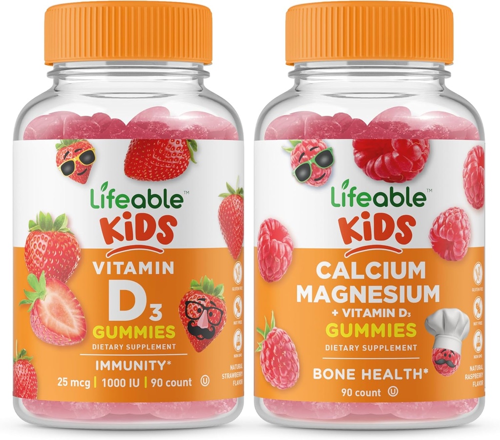 Lifeable Vitamin D Kids + Magnezyum Kids, Gummies Sche - Great Tasting, Vitamin Supplement, Gluten Free, GMO Free, Chewable Gummy Gummy