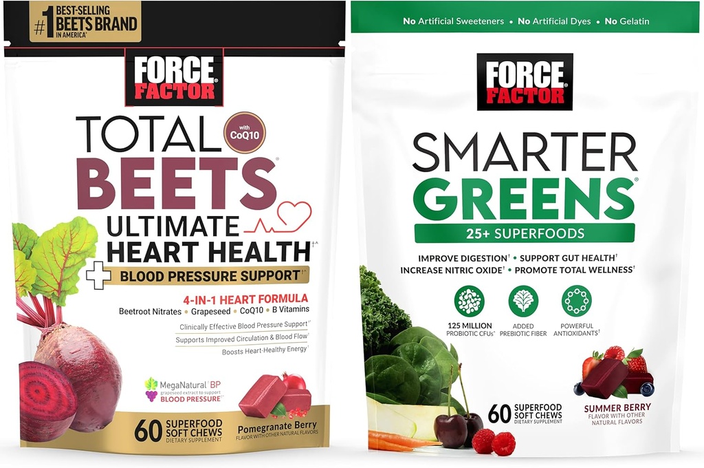 Total Beets Ultimate Heart Health Blood Printing Support Chews with CoQ10, 60 Soft Chews + Smarter Greens Superfood Chews, Digestion Desteklemek için, 60 Soft Chews