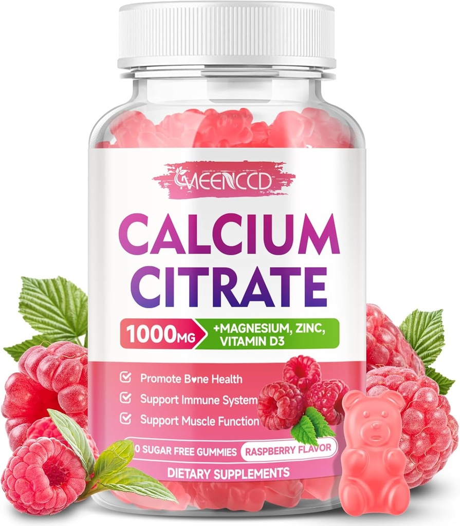 Steel Citrate Gummies 1000 mg w/Vitamin D3, Kadınlar ve Erkekler için Yüksek Apsiyonel Tamam, Plus Magnezyum, Pyum, Muscle & Immune, Sugar-Free, Raspberry Flavor, 60 Count