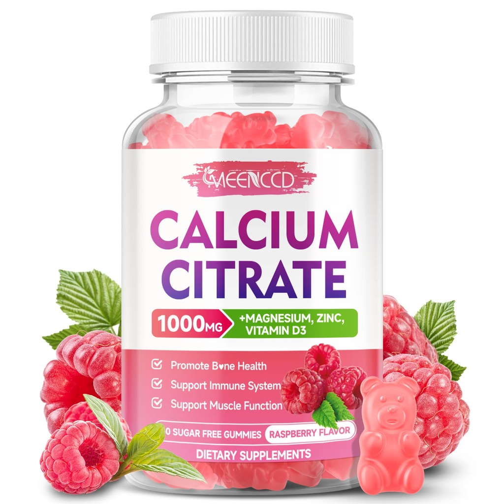 Steel Citrate Gummies 1000 mg w/Vitamin D3, Kadınlar ve Erkekler için Yüksek Apsiyonel Tamam, Plus Magnezyum, Pyum, Muscle & Immune, Sugar-Free, Raspberry Flavor, 60 Count