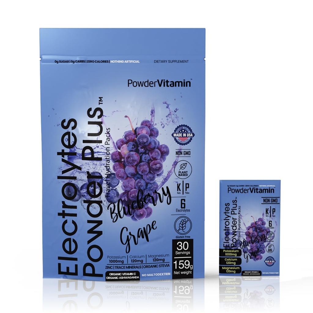 PowderVitamin Ηλεκτρολυτές σκόνη Plus, Keto, Σταφύλι, Zero Ζάχαρη, 1000mg Κάλιο, 120mg Ασβέστιο, 120mg Μαγνήσιο, Μη-ΓΤΟ, Μη-Ζωοτροφές, 30 Πακέτα Ενυδάτωσης