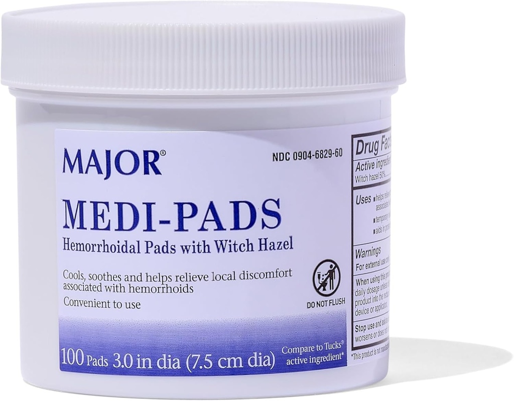 MAJOR Medi-Pads - Hemorrhoidal Hygienic Cleansing Witch Hazel Pads - Soğutma Relief with Aloe - 100 Count Jar (1 Pack)