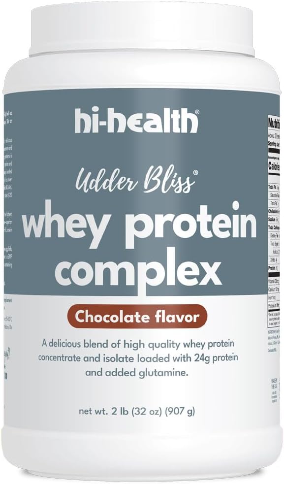 Hi-Health Udder Bliss Whey Protein Complex σκόνη, μείγμα βιοδιαθέσιμο συμπύκνωμα πρωτεΐνης Whey και απομόνωση με προσθήκη γλουταμίνης, σοκολάτας (2 Λίρες)
