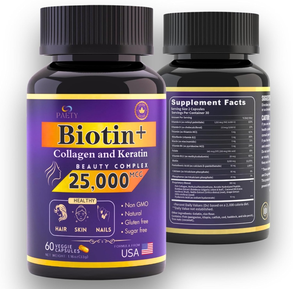 Güzellikinizi yeniden canlandırın! Biotin, Collagen & Keratin Kompleksi - Hyaluronic Acid & B Vitaminleri ile 25 $ - Klinik olarak Lush Saçları için Test Edildi - 60 Capsules