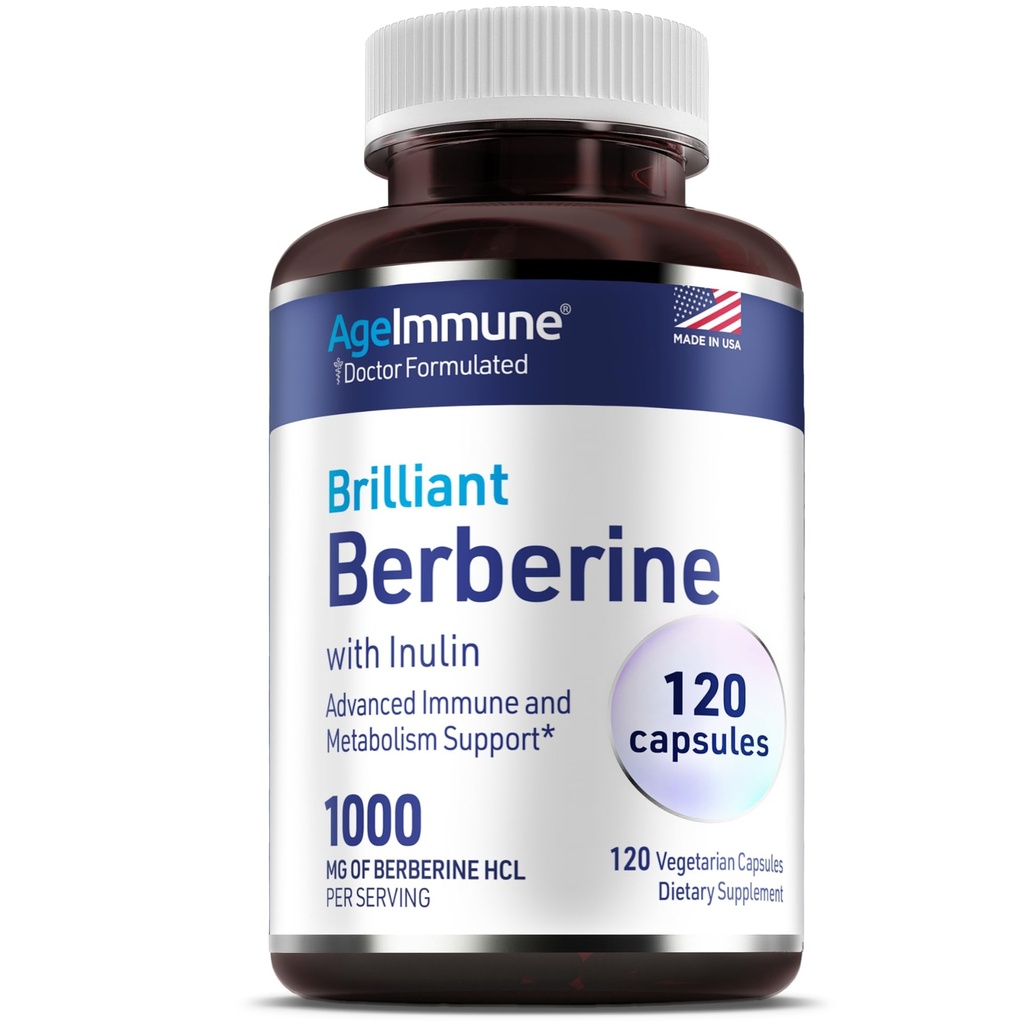 AgeImmune Berberine 1000mg Supplement Complex with Inulin Prebiotic - Κάθε Καψάκιο Περιέχει Berberine 500mg - Γιατρός Formulated Συμπληρώματα για Υψηλή Απορρόφηση.